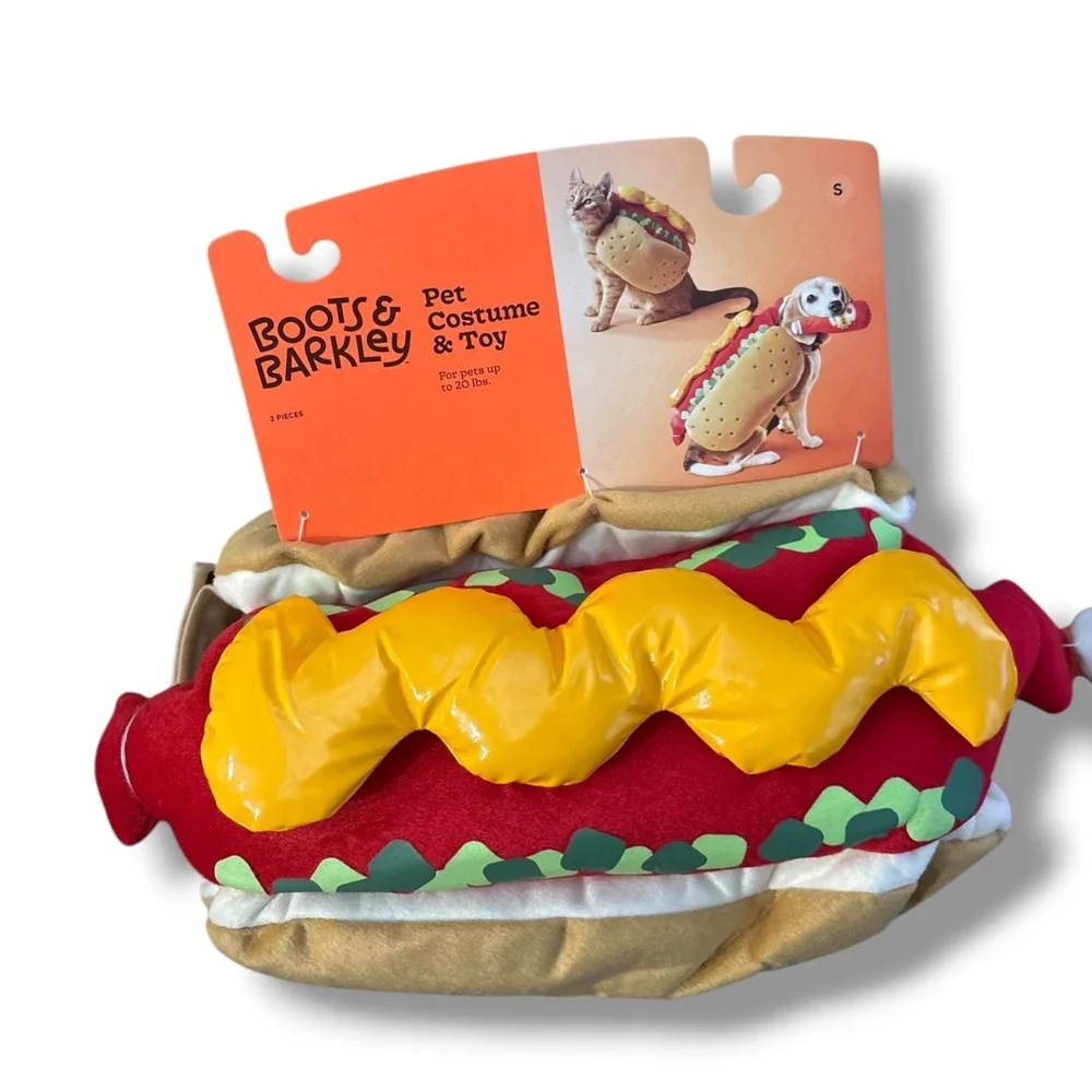 Boots & Barkley Hot Dog Pet Costume and Ketchup Toy Set Small Dogs Cats NEW